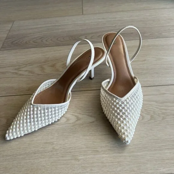 ZARA WOMEN SLINGBACK HEEL W/ PEARLS BRIDAL HEELS - Picture 2 of 6